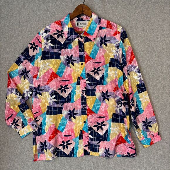 Vintage Da-Rue of California 80s Shiny Multicolor‎ Floral Blouse Top Women's 18 - Picture 1 of 9